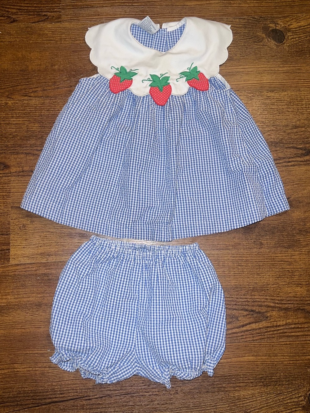Vintage Blue Gingham Strawberry Embroidery Scalloped Top Bloomers Set Size 2T